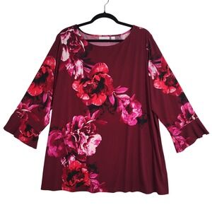 Susan Graver Liquid Knit Floral Tunic Top 2X Bell-Sleeve Boat Neck Burgundy Pink